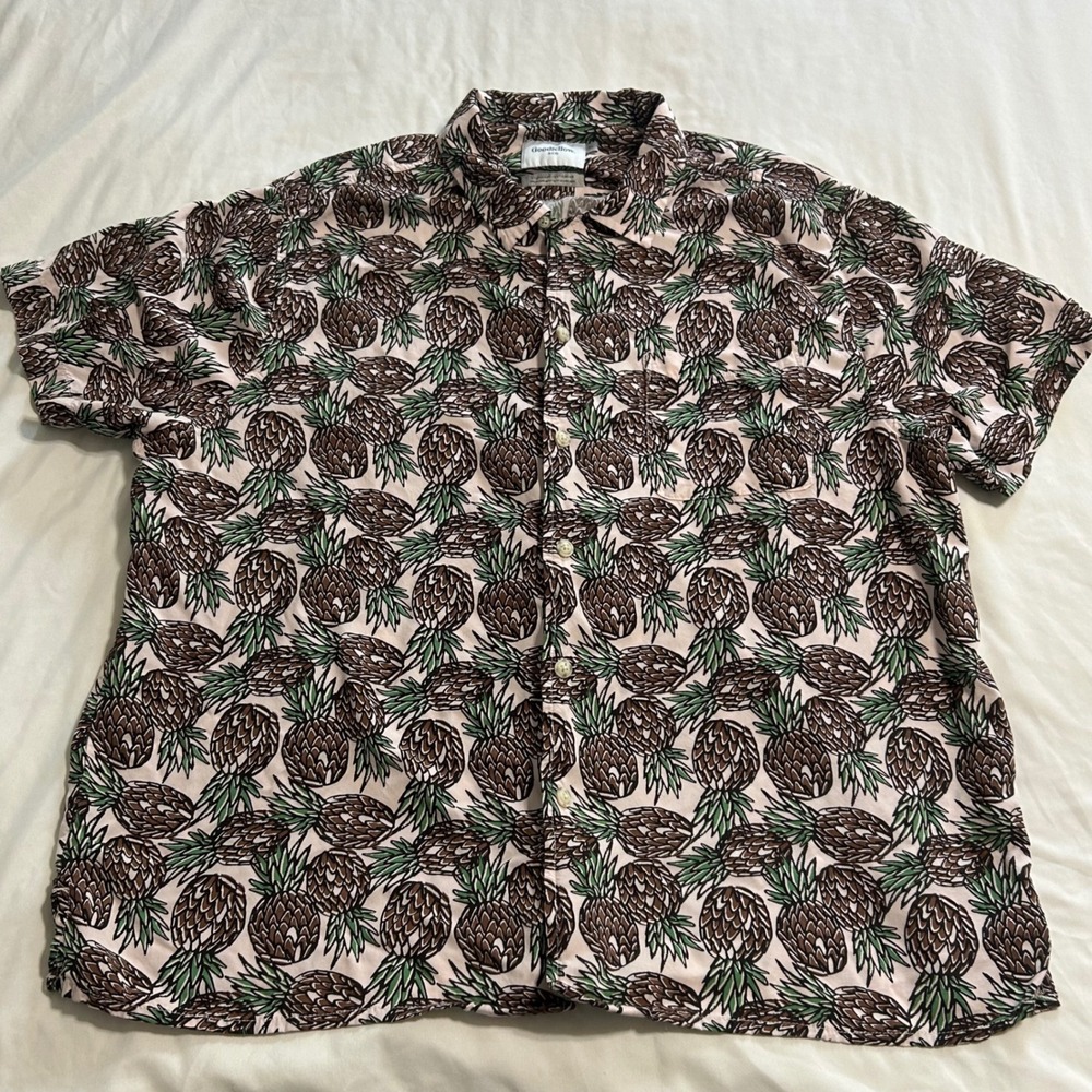 Goodfellow & Co Mens XL Pineapple Rayon Short Sleeve Button Down Shirt Pink